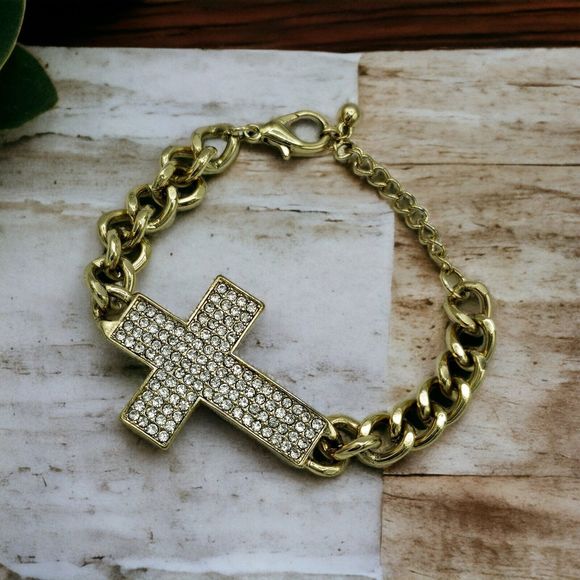 Pave Cross Bracelet Women Rhinestone Religious Gold Tone Crystal Links Jewelry - Picture 8 of 8